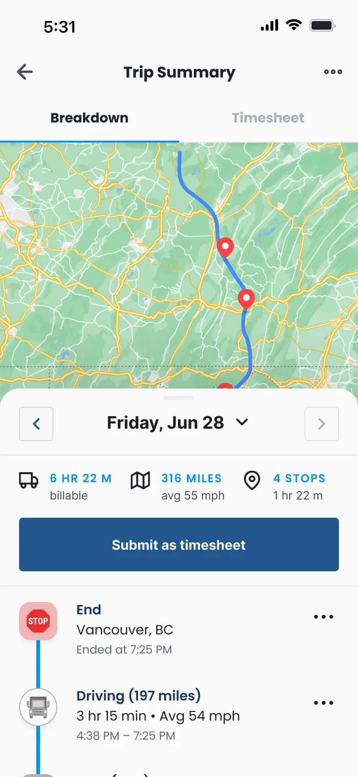Trip summary, with map